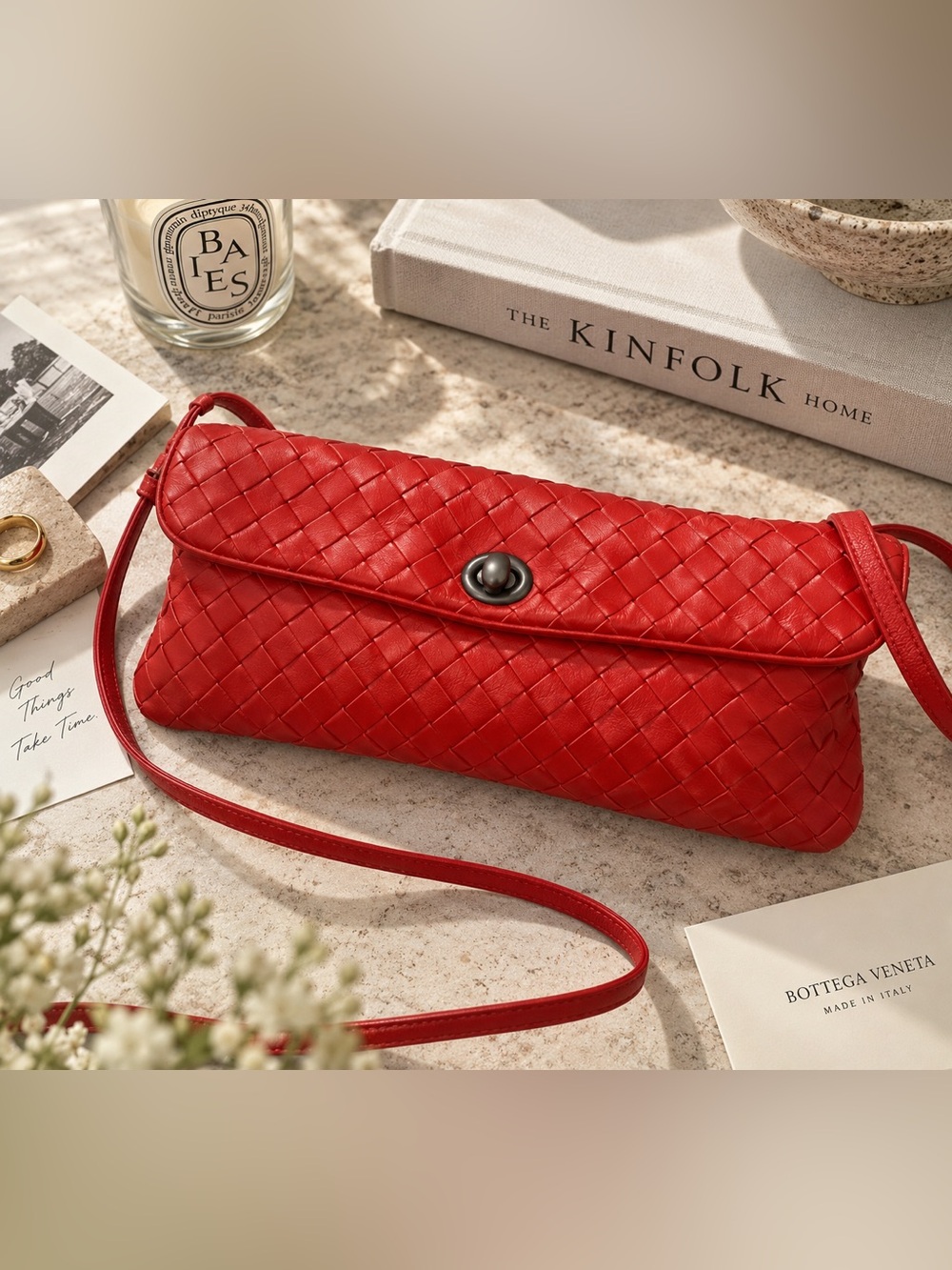 Authentic Bottega Veneta Intrecciato Red Leather Crossbody Bag